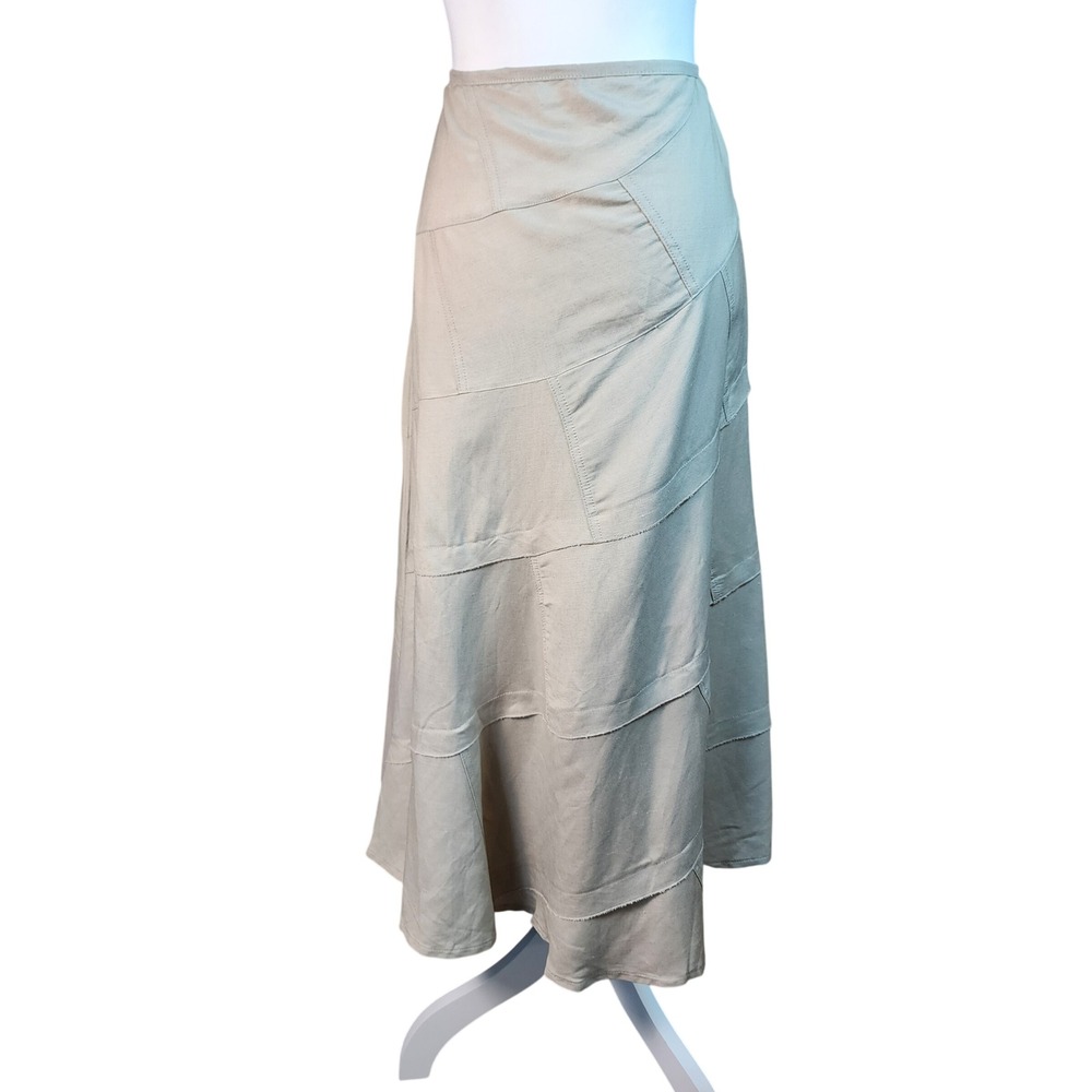 Sandro Linen Blend Midi Skirt Womens 16 Beige Patchwork Laganlook Casual Office